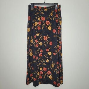 Vintage 90s Kathie Lee black orange floral grunge size zip midi maxi skirt 8
